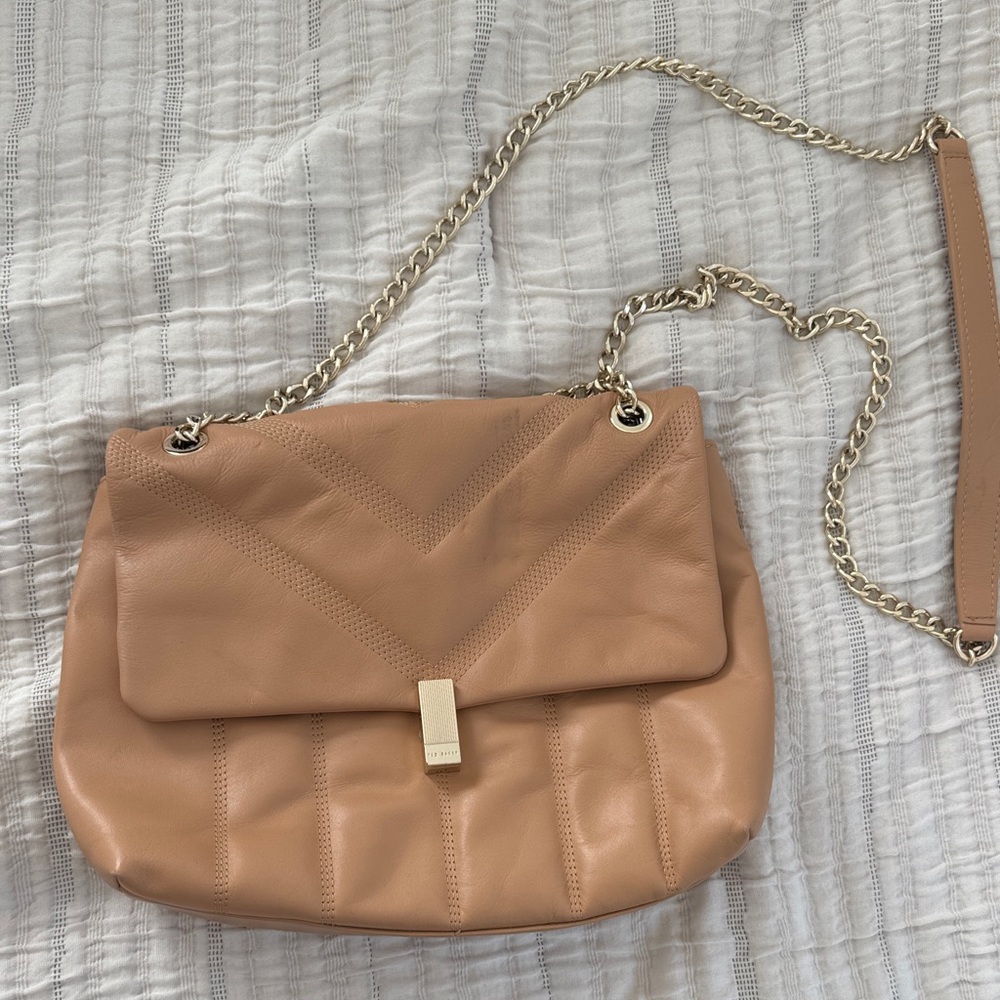 Tan Leather Shoulder Bag with Gold Chain Strap